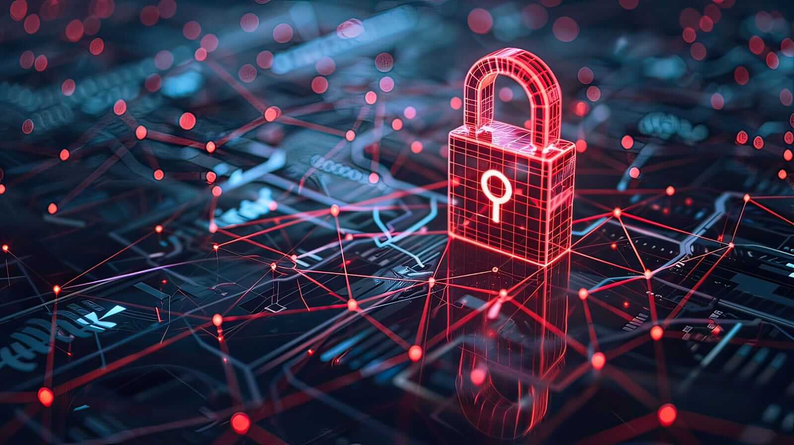 A digital padlock icon is surrounded by red-lit network lines on a circuit board, symbolising cybersecurity and data protection.