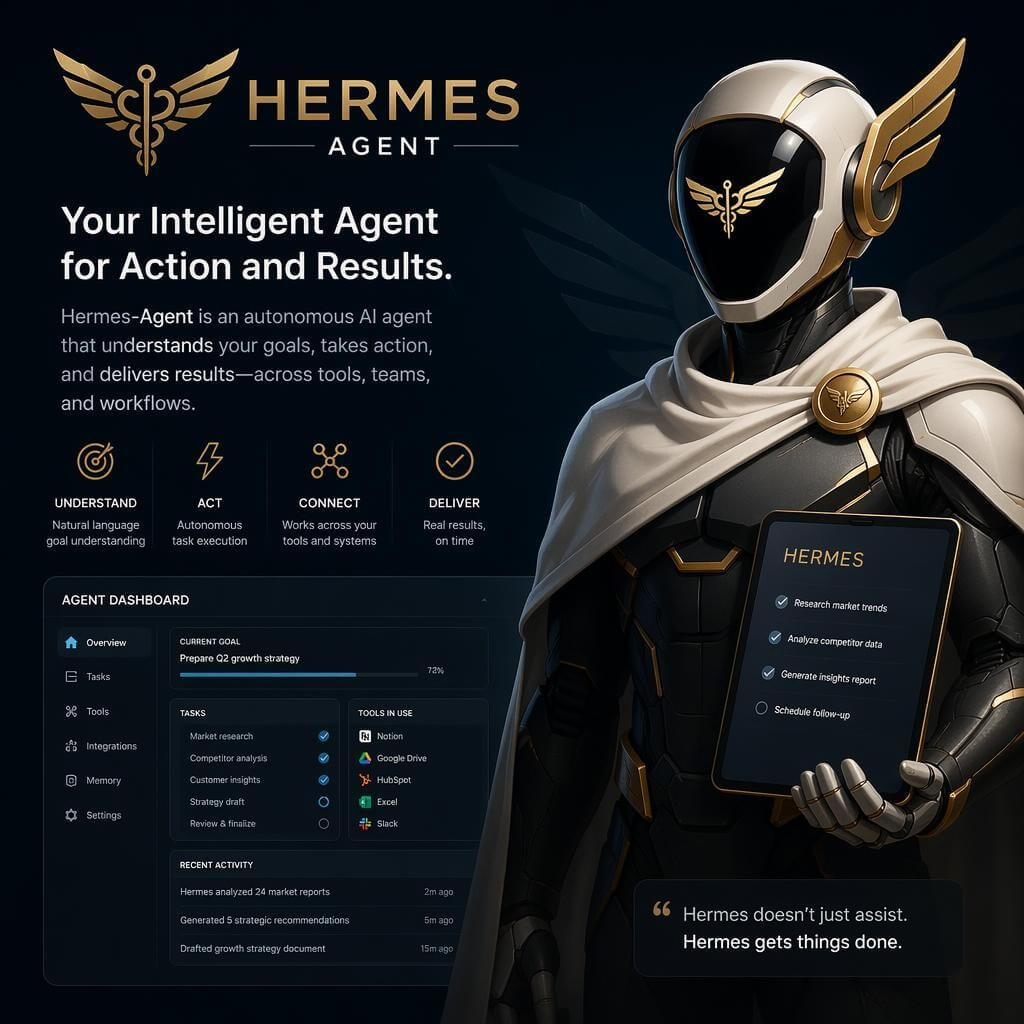 A futuristic humanoid robot in black and gold stands beside a display for "Hermes Agent," an AI assistant platform, showcasing dashboard features and key benefits.