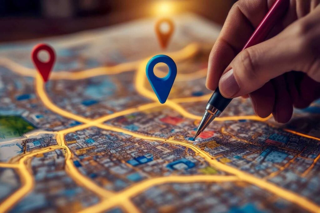 A hand using a pen to point at a location on a colorful, illuminated map with blue and red location markers.