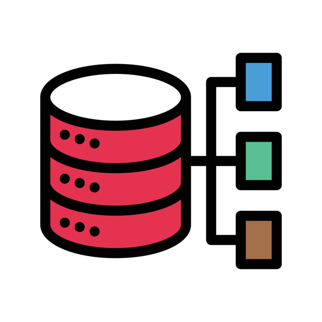 An icon of a red database with three connected nodes in blue, green, and brown, representing data organization or database structure.
