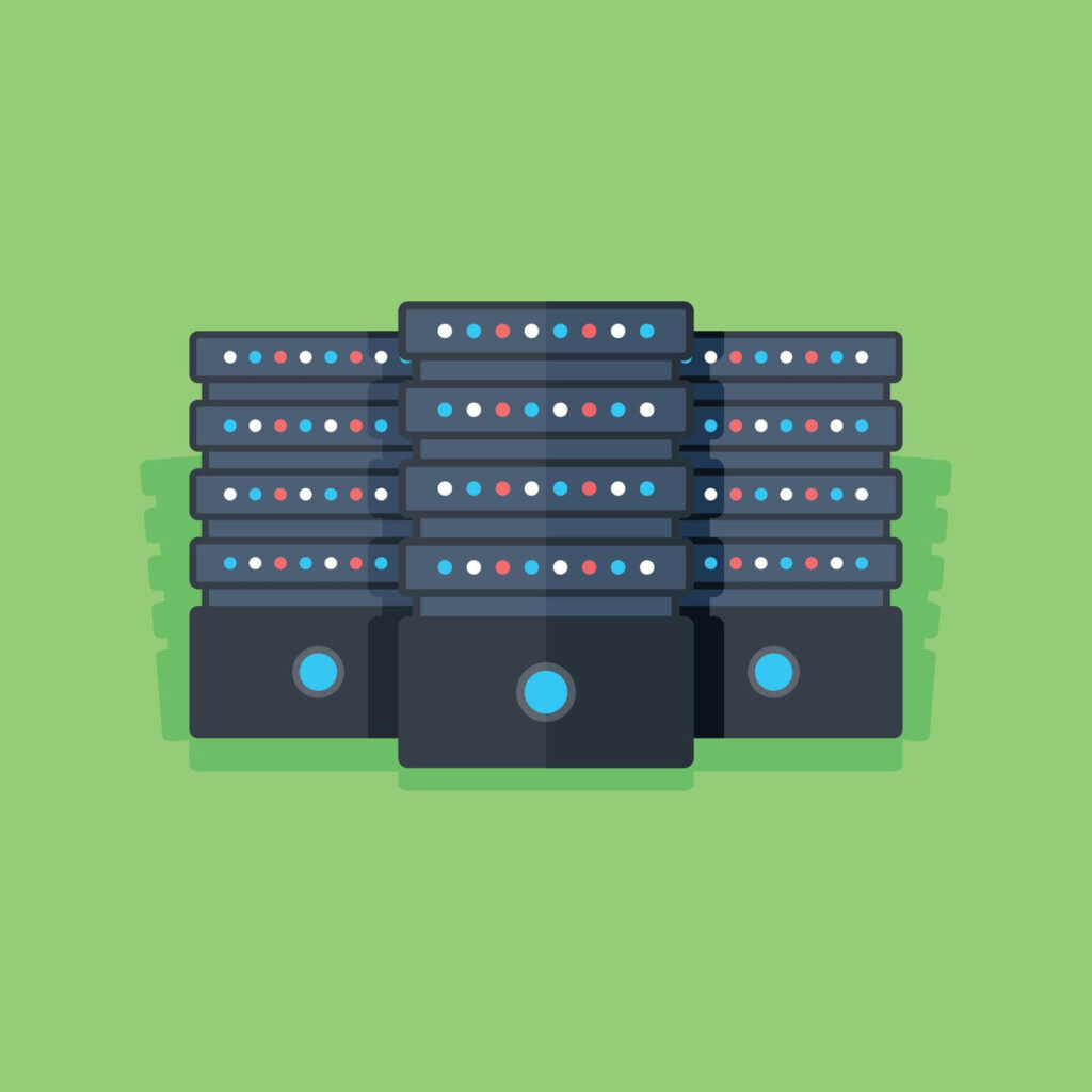 Illustration of multiple stacked server racks with indicator lights, arranged in rows on a green background—ideal for those looking to buy a NVMe VPS.
