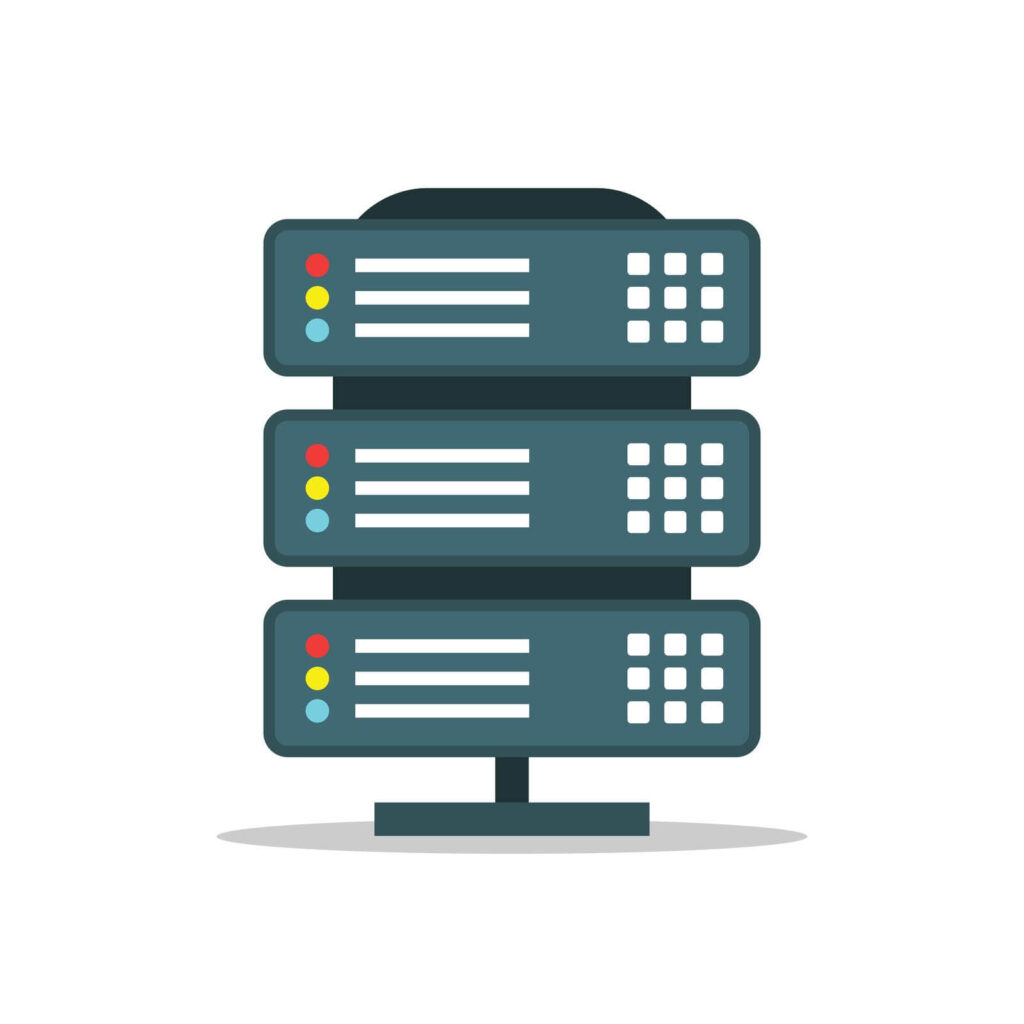 Illustration of a three-tier server rack with indicator lights and control panels, set against a plain white background.