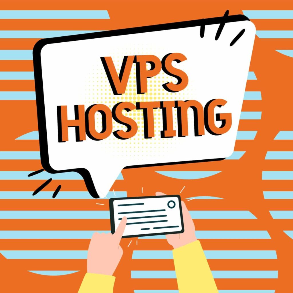 A graphic with the words "VPS Hosting" in a speech bubble above two hands holding a smartphone, set against an orange and blue striped background, encourages viewers to buy a NVMe VPS for faster performance.