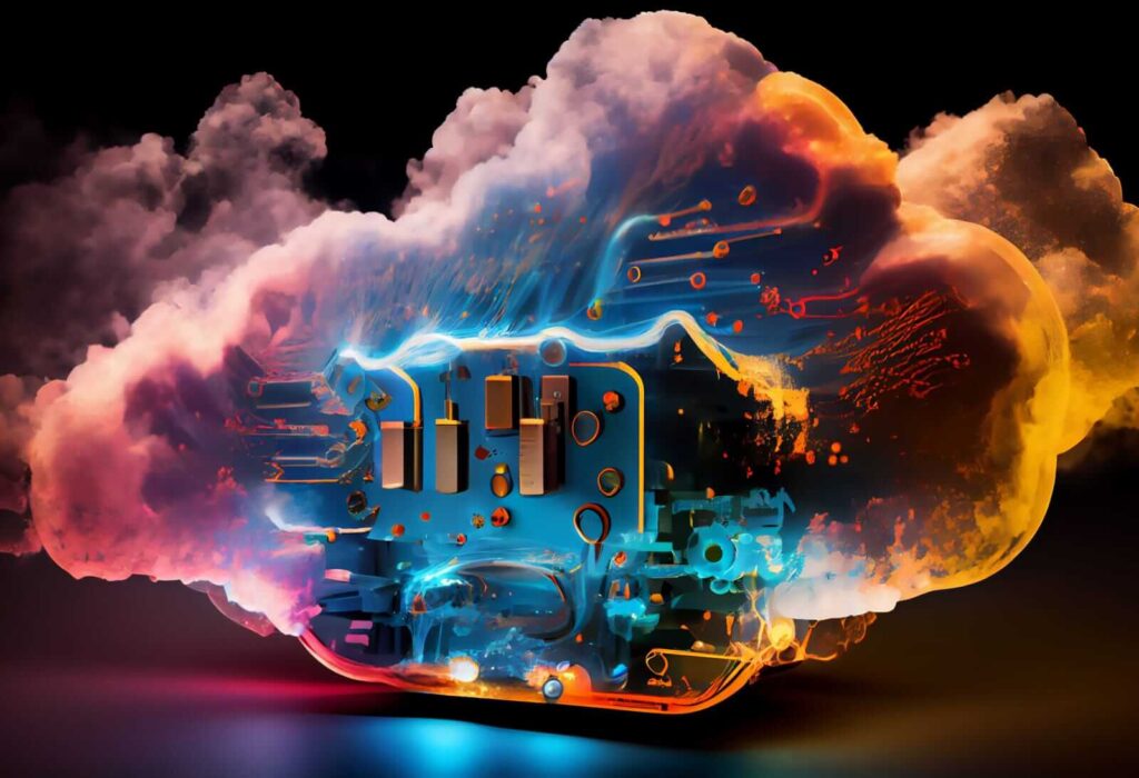A colorful digital cloud with circuit board elements and glowing wires, symbolizing web hosting Singapore and technological connectivity against a dark background.
