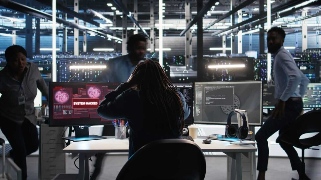 A person sits at a desk with multiple monitors showing a “system hacked” alert, whilst three colleagues urgently approach in a high-tech office environment.