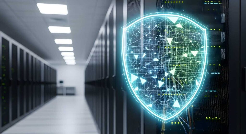 A digital shield graphic overlays a modern server room, symbolising cybersecurity and data protection in an information technology environment.